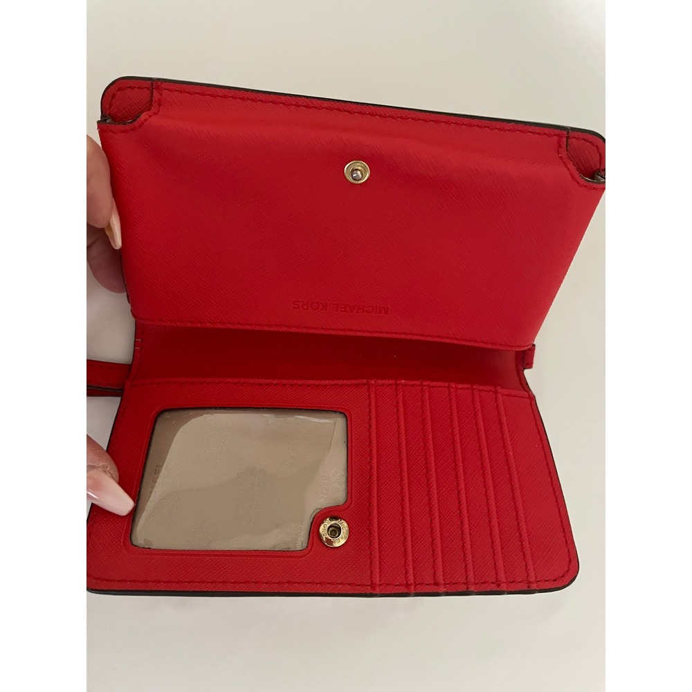 Michael Kors Red Floral Saffiano Leather Wristlet Wallet Gold Hardware Snap#651 - Picture 8 of 9